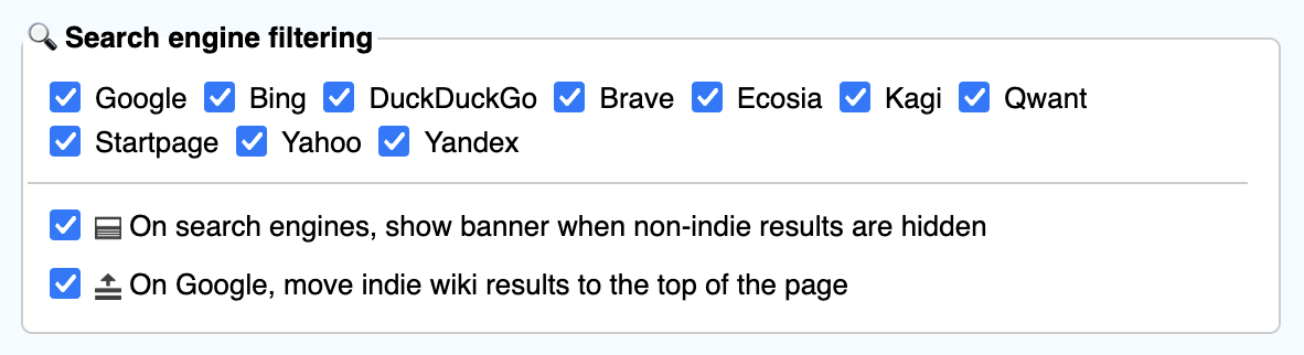 Indie Wiki Buddy's search engine settings.