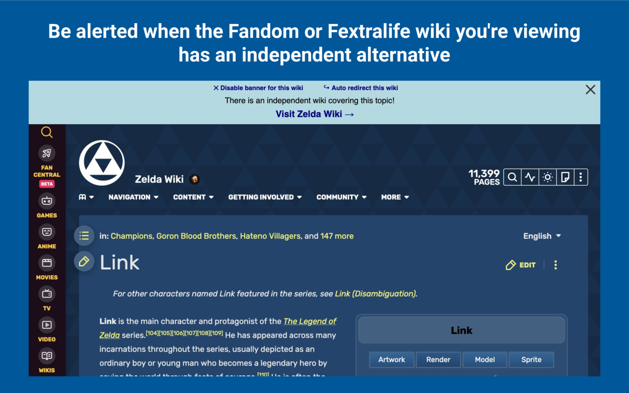 Be alerted when the Fandom or Fextralife wiki you're viewing has an independent alternative