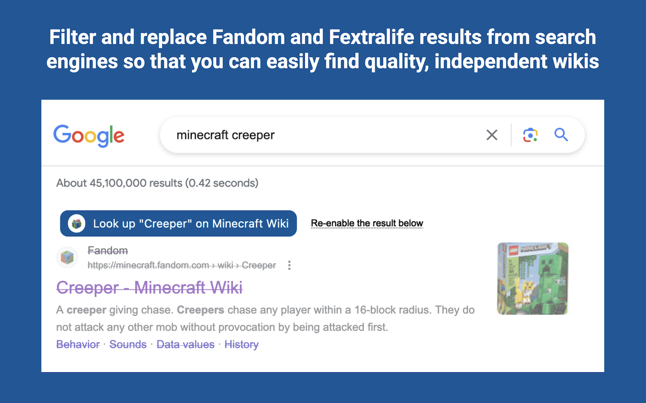 Filter Fandom results from search engines, so that you can more easily find quality, independent wikis