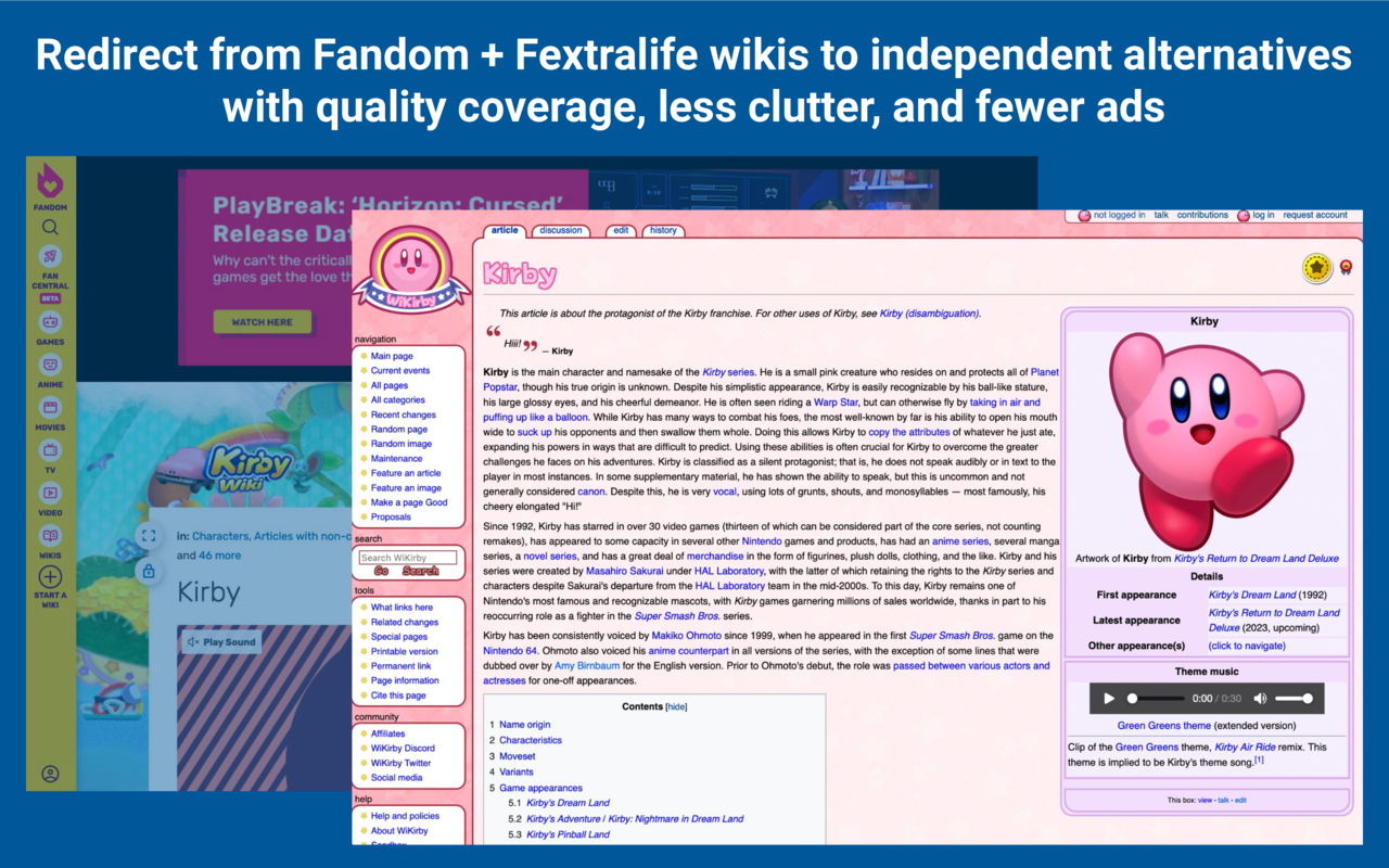 Be redirected from Fandom wikis to independent alternatives with quality coverage, less clutter, and fewer ads