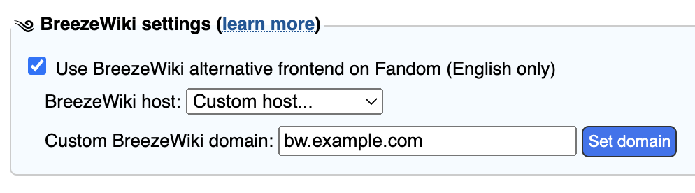 Indie Wiki Buddy's BreezeWiki settings, set to a custom domain name.