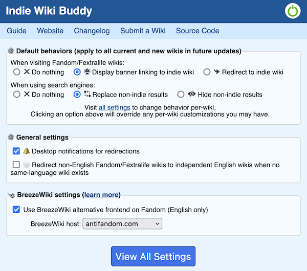 A screenshot of the Indie Wiki Buddy popup settings