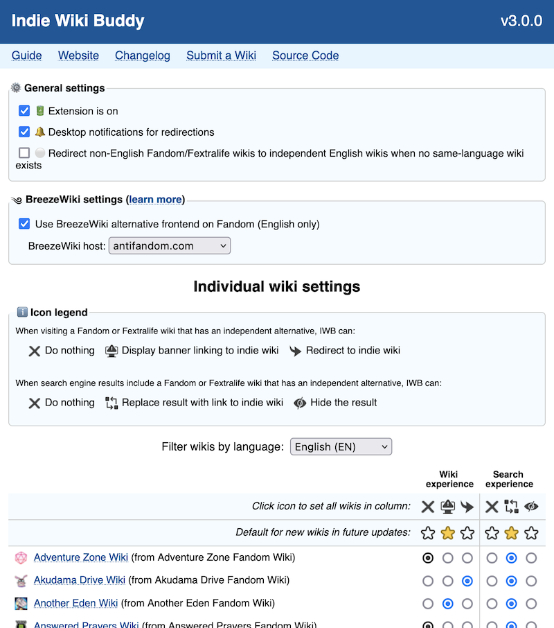 A screenshot of the Indie Wiki Buddy settings screen